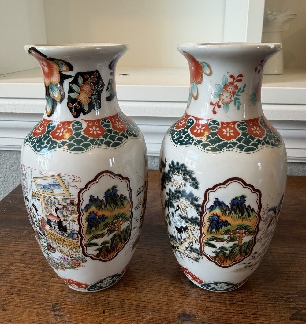Antique Vintage Japanese TM Gold Satsuma Vase ~ Pair of 2 ~ See Description
